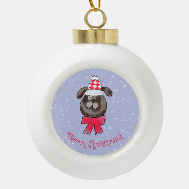 Little Christmas dog wearing knitted cap and scarf Ceramic Ball Christmas Ornament