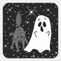 Black Cat and Ghost Scaredy Cats Halloween Square Sticker
