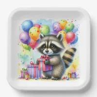 Cute Watercolor Cartoon Raccoon Birthday Paper Plates