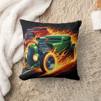 Vintage hot rods racing through flames at twilight throw pillow