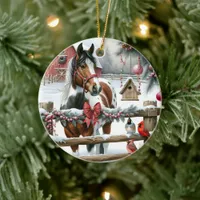 Pretty Brown and White Horse Rustic Farm Christmas Ceramic Ornament