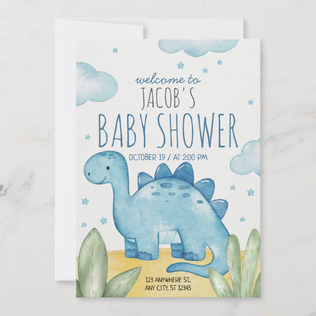 Blue Beige Illustrative Watercolor Baby Shower Invitation