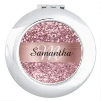 Pink Glitter Rose Gold Shimmer Foil Monogram Compact Mirror