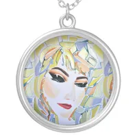 Surreal Swedish girl - watercolor painting Silver Plated Necklace