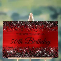 Black Glitter Red Foil 50th Birthday Welcome Acrylic Sign