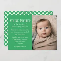 Green and White Polka-dot Photo Baby Blessing Invitation