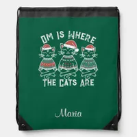 Om Is Where the Cats Are - Funny Yoga Christmas Drawstring Bag