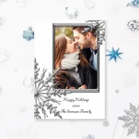 Silver Tone Snowflakes on White Happy Holidays Holiday Card