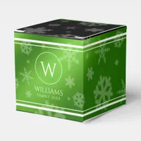 Festive Green Foil Snowflakes Monogram Name Favor Boxes