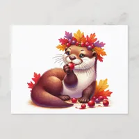 Adorable Thanksgiving Otter with Cranberries  Postcard