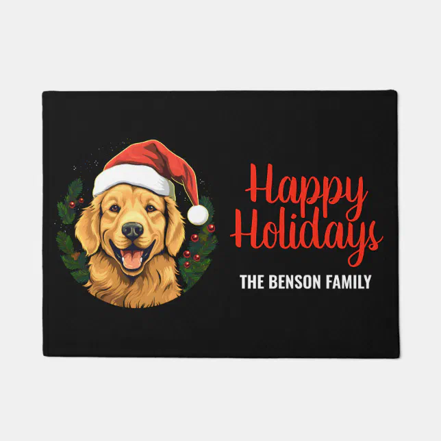 Christmas Happy Holidays Cute Dog in Christmas Hat Doormat