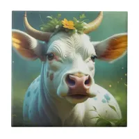 Cute White Ai Cow with Horns and Flowers Ceramic Tile
