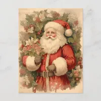 Vintage Happy Santa Clause with Holly Leaves Art Holiday Postcard