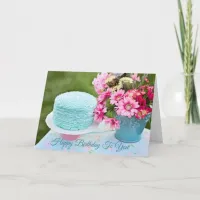 Blue and Pink Birthday Card Floral Chic