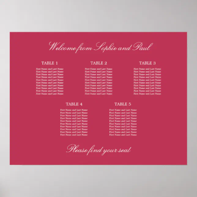 Carmine Magenta Red 5 Table Seating Chart Poster