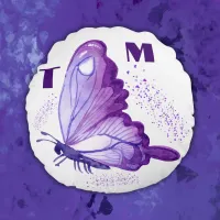 Pretty Butterflies in Purple on White Monogram | Round Pillow