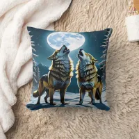 Winter Wolves Howling Under Full Moonlight Throw Pillow