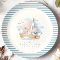 Nautical Elephant Bear Watercolor Boat Baby Shower Paper Plates