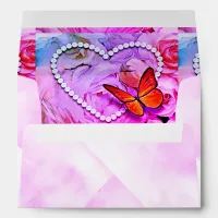 Pearl Heart Butterfly Pink Floral Wedding Envelope