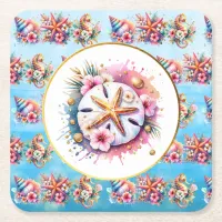 Pink, Blue and Gold Coastal Sand Dollar Beachy Square Paper Coaster