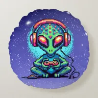 Pixel Art Alien playing Video Games Round Pillow