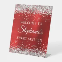 Silver Glitter Red Foil Sweet Sixteen Welcome Pedestal Sign