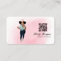 Fashionable Afro Fitness Instructor Girl QR Code Business Card