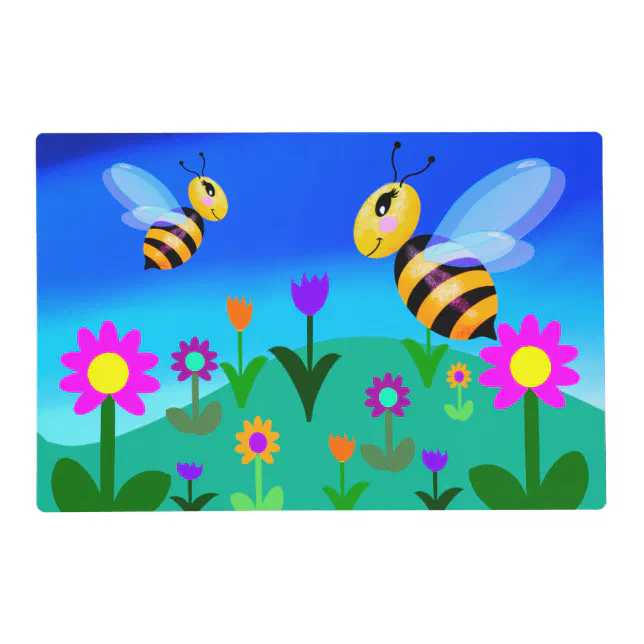 Happy bees in a flower field placemat