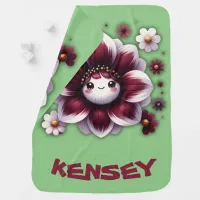 Cute Monogram Burgundy and White Flower on Green | Baby Blanket