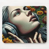 Beautiful Woman with Headphones in Sunflowers Mouse Pad