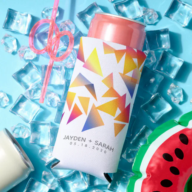 Colorful Pastel Triangle Confetti Wedding Seltzer Can Cooler