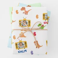 Cute Dinosaurs with Custom Photo, Name and Age Wrapping Paper Sheets