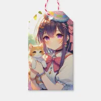 Pretty Anime Holding Kitten Girl's Birthday Gift Tags