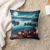 Driving a vintage hot rod by the lake throw pillow