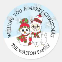 Christmas Greetings Winter Llama and Snowman Classic Round Sticker