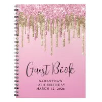 Dripping Gold Pink Glitter 12th Birthday Guest Notebook