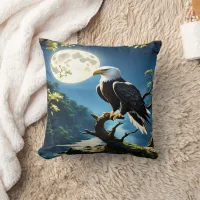 Eagle Perched Calmly on Branch Under Full Moon Throw Pillow