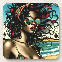 Retro Woman on Beach Comic Style Pop Art Beverage Coaster