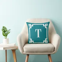 Dark Turquoise and White Greek Key Border Monogram Throw Pillow