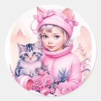 Pink Vintage Girl and Gray Kitten Christmas Classic Round Sticker