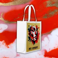 Red, black and white Abstract Face on gold | Grocery Bag