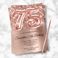 Sparkly Glittery Rose Gold Glam 75th Birthday Invitation