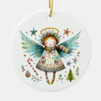 Whimsical Christmas Angel Modern Folk Art Style Ceramic Ornament