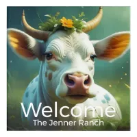 Cute White Ai Cow with Horns and Flowers Welcome Acrylic Print