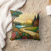 Vibrant countryside at dawn with a cozy cabin throw pillow