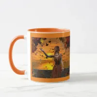 Elf in Falling Leaves Against an Autumn Sunset Mug