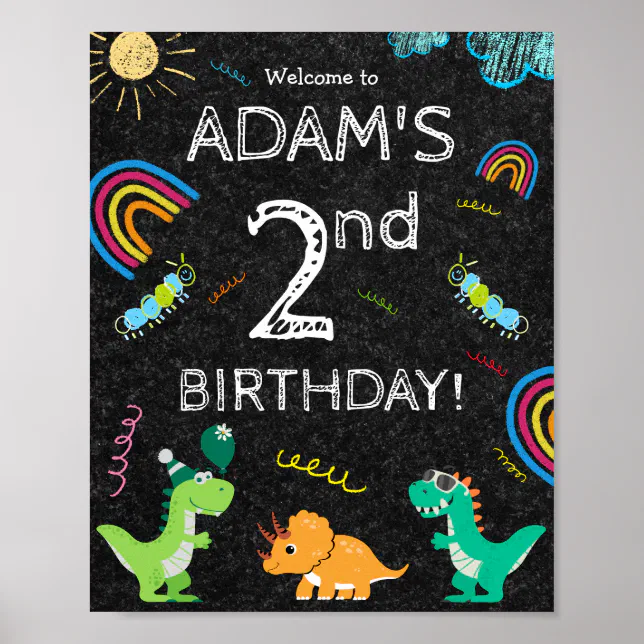 Dinosaur T-rex Rainbow 2nd kids Birthday Welcome Poster