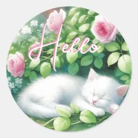 Hello | Sweet White Kitten Napping Classic Round Sticker
