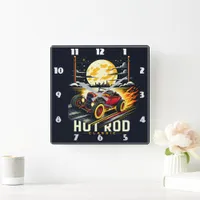 Vintage hot rod racing under a full moon at night square wall clock