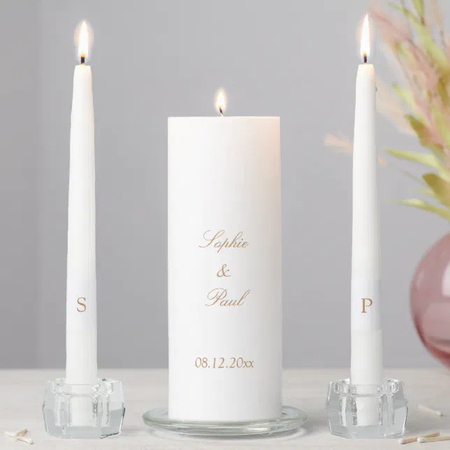 Elegant Golden Beige Script Wedding Unity Candle Set